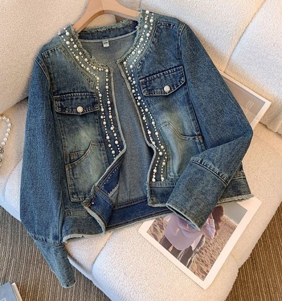 画像3: Women's Pearl denim round neck short jacket　パール付きラウンドネックデニムショート丈ジャケット コート  (3)