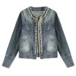 画像1: Women's Pearl denim round neck short jacket　パール付きラウンドネックデニムショート丈ジャケット コート  (1)