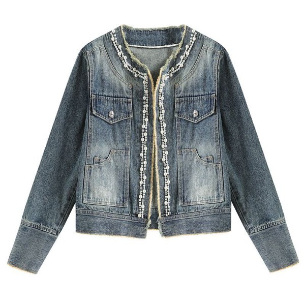 画像1: Women's Pearl denim round neck short jacket　パール付きラウンドネックデニムショート丈ジャケット コート  (1)