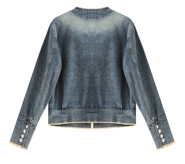 画像2: Women's Pearl denim round neck short jacket　パール付きラウンドネックデニムショート丈ジャケット コート  (2)