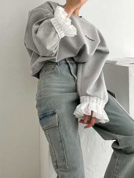 画像7: Women's Ruffled sleeve sweatshirt　袖フリル付ラウンドネックスウェット (7)
