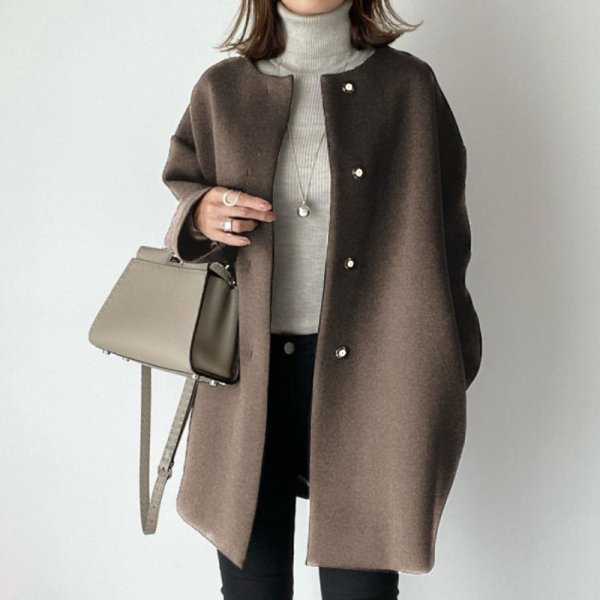 画像2: Women's Simple basic round neck long coat  シンプルベーシックラウンドネック ミディアム丈ロングコート ジャケット (2)