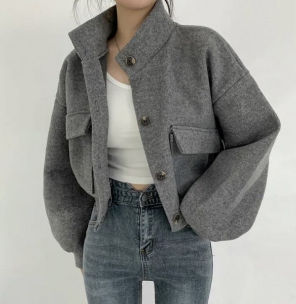 画像2: Women's Stand collar lazy style short length jacket blouson coat　ショート丈スタンドカラーレイジースタイルジャケット ブルゾンコート  (2)