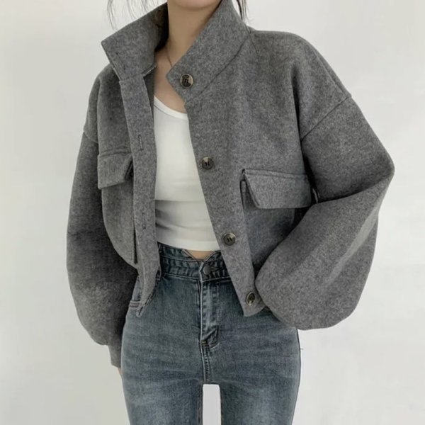 画像6: Women's Stand collar lazy style short length jacket blouson coat　ショート丈スタンドカラーレイジースタイルジャケット ブルゾンコート  (6)