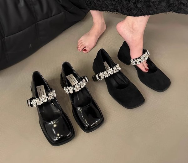 画像2: Rhinestone strap thick heel pumps shoes 　ラインストーンストラップチャンキーヒールパンプスシューズ (2)