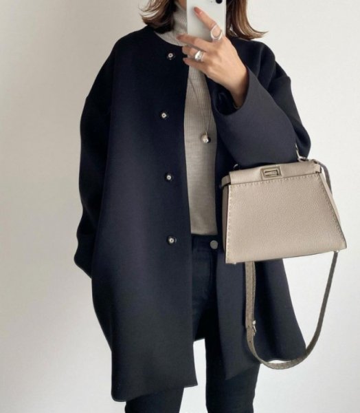 画像3: Women's Simple basic round neck long coat  シンプルベーシックラウンドネック ミディアム丈ロングコート ジャケット (3)