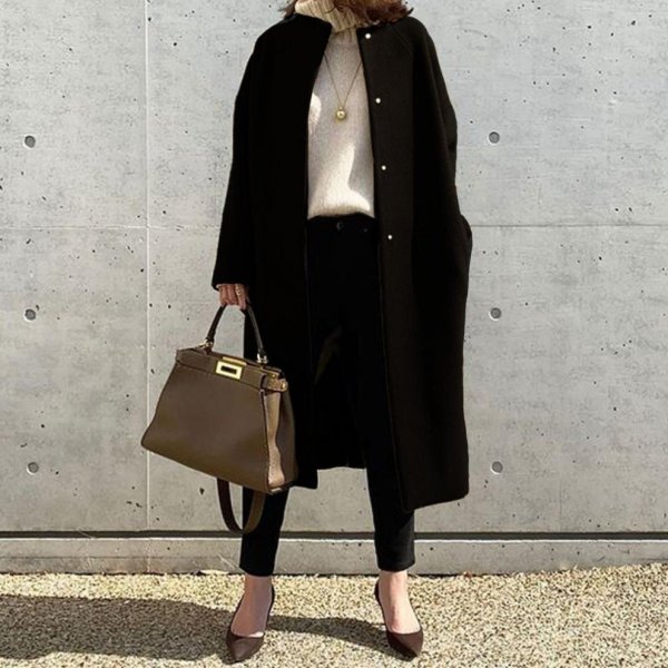 画像8: Women's Simple basic round neck long coat  シンプルベーシックラウンドネック ミディアム丈ロングコート ジャケット (8)