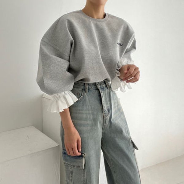 画像3: Women's Ruffled sleeve sweatshirt　袖フリル付ラウンドネックスウェット (3)