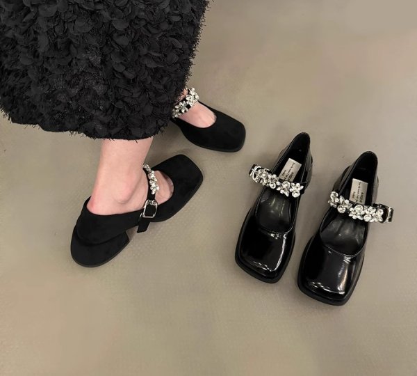 画像4: Rhinestone strap thick heel pumps shoes 　ラインストーンストラップチャンキーヒールパンプスシューズ (4)