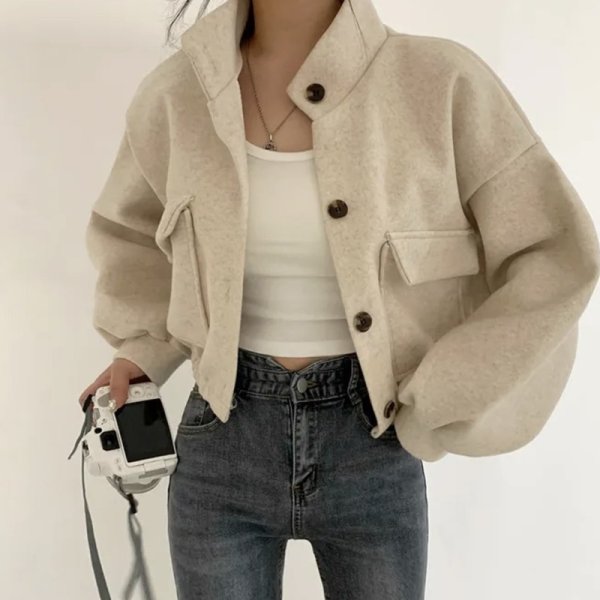 画像8: Women's Stand collar lazy style short length jacket blouson coat　ショート丈スタンドカラーレイジースタイルジャケット ブルゾンコート  (8)