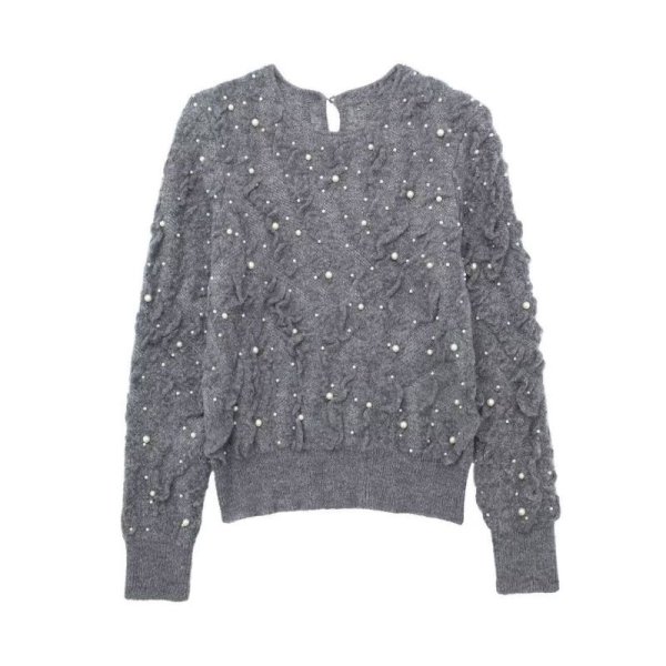 画像5: Women's Pearl-embellished textured sweater pullover knit 　パール付きラウンドネック セーター ニット (5)