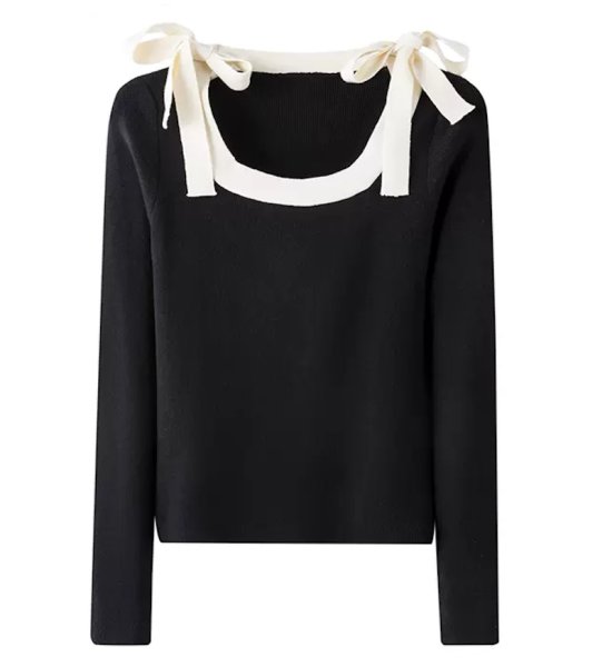 画像1: Women's Square collar ribbon short knit sweater　スクエアカラーリボン付きショート丈 セーター ニット (1)