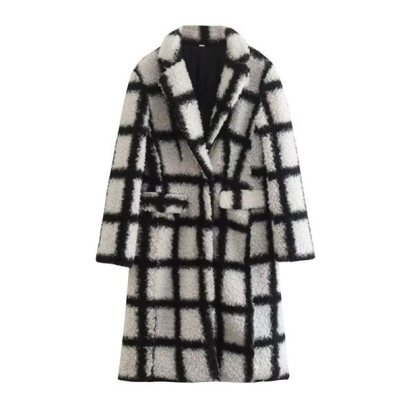 画像1: Women's Black and white checked tailored collar long coat　ブラック＆ホワイトチェックテーラーカラーロングコート ジャケット (1)