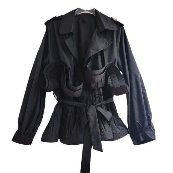 画像1: Women's Tailor collar frill half trench coat jacket　イレギュラーフリル付テーラーカラーハーフトレンチコートジャケット  (1)