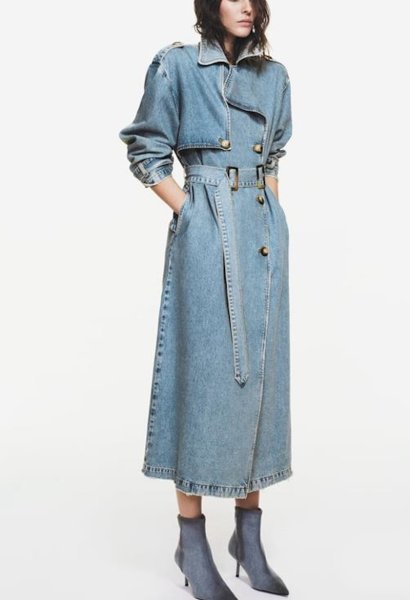 画像1: Women's Double-breasted belted denim windbreaker coat  long coat　ダブルブレストのベルト付きデニムウインドブレーカーコートテーラーカラーロングコート ジャケット (1)