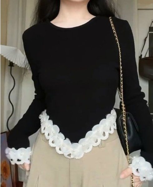 画像5: Women's French 3D Flower & Pearl Long Sleeve Sweater T-Shirt 　3D立体フラワー＆パール付きラウンドネック セーター ニットTシャツ (5)