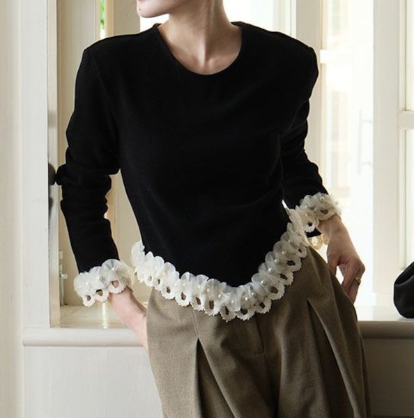 画像6: Women's French 3D Flower & Pearl Long Sleeve Sweater T-Shirt 　3D立体フラワー＆パール付きラウンドネック セーター ニットTシャツ (6)