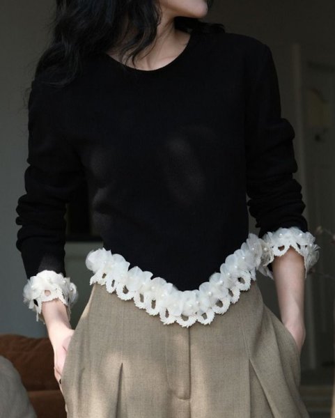 画像2: Women's French 3D Flower & Pearl Long Sleeve Sweater T-Shirt 　3D立体フラワー＆パール付きラウンドネック セーター ニットTシャツ (2)