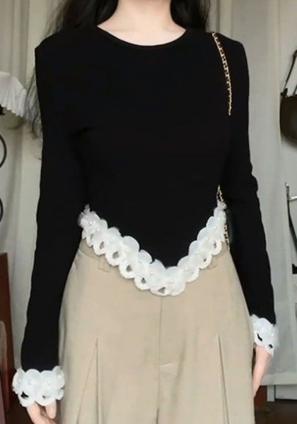 画像8: Women's French 3D Flower & Pearl Long Sleeve Sweater T-Shirt 　3D立体フラワー＆パール付きラウンドネック セーター ニットTシャツ (8)