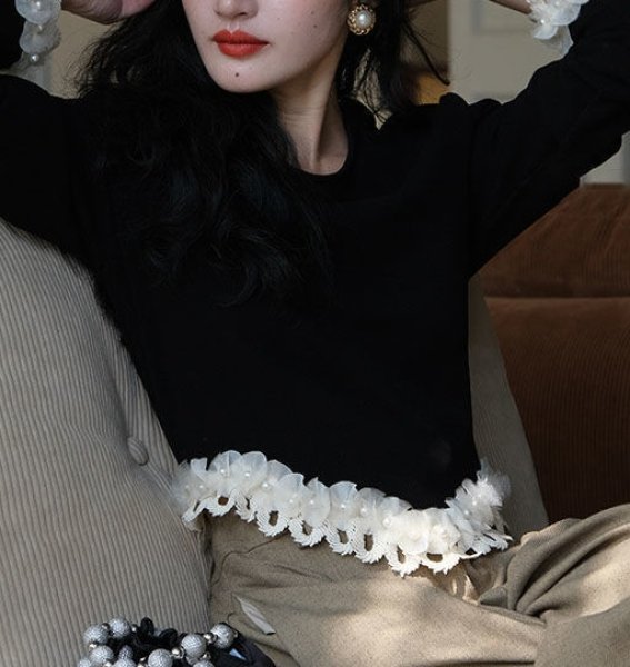 画像3: Women's French 3D Flower & Pearl Long Sleeve Sweater T-Shirt 　3D立体フラワー＆パール付きラウンドネック セーター ニットTシャツ (3)