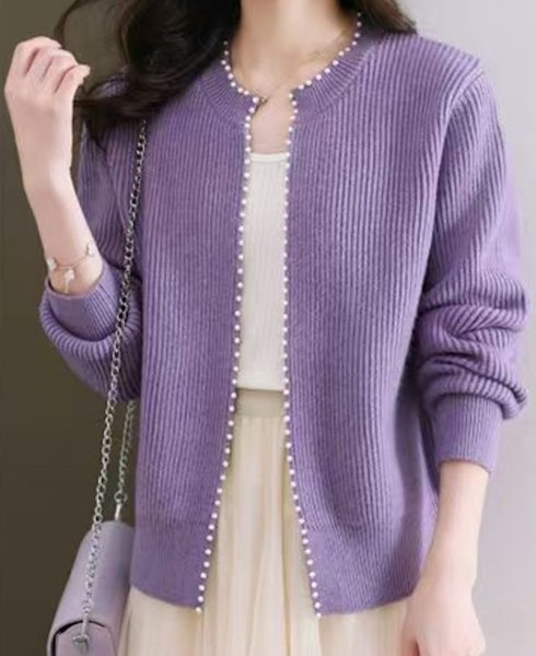 画像5: Women's Round neck knit cardigan with pearls　パール付きラウンドネック カーディガンセーターニット (5)