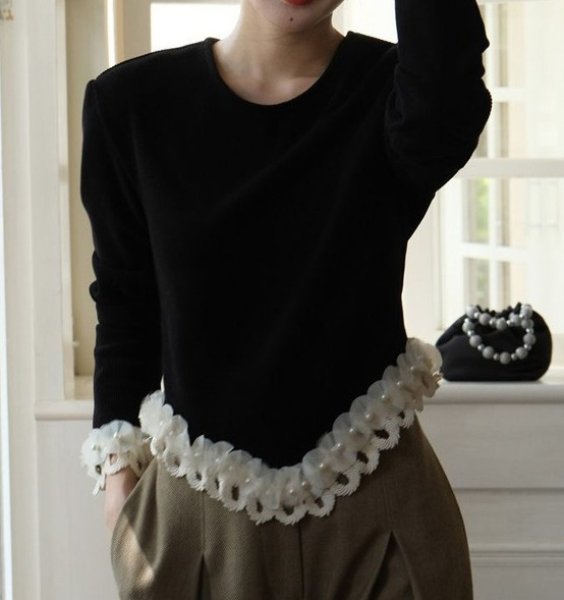 画像4: Women's French 3D Flower & Pearl Long Sleeve Sweater T-Shirt 　3D立体フラワー＆パール付きラウンドネック セーター ニットTシャツ (4)