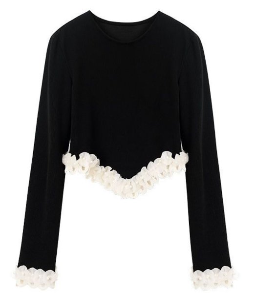 画像1: Women's French 3D Flower & Pearl Long Sleeve Sweater T-Shirt 　3D立体フラワー＆パール付きラウンドネック セーター ニットTシャツ (1)
