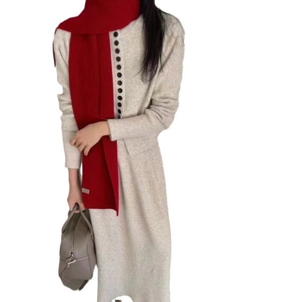 画像2: Women's French round neck single-breasted slit long sleeve sweater and A-line long skirt set set up  フレンチラウンドネック シングルブレスト スリット 長袖セーター＆Aラインロングスカートスーツセットアップ (2)