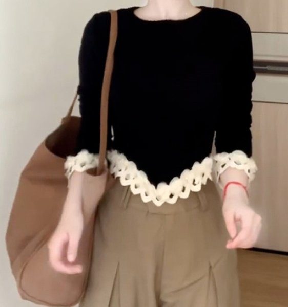 画像7: Women's French 3D Flower & Pearl Long Sleeve Sweater T-Shirt 　3D立体フラワー＆パール付きラウンドネック セーター ニットTシャツ (7)