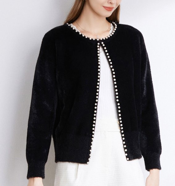 画像4: Women's Round neck knit cardigan with pearls　パール付きラウンドネック カーディガンセーターニット (4)