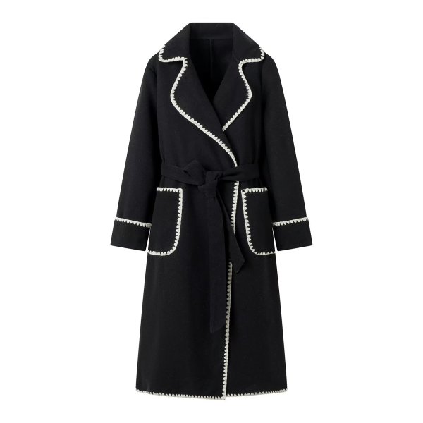 画像3: Women's Embroidered border Roosevelt long coat jacket　縁取り刺繍ベルト付きロングコート ジャケット (3)