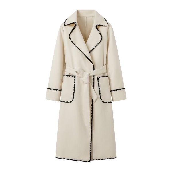 画像1: Women's Embroidered border Roosevelt long coat jacket　縁取り刺繍ベルト付きロングコート ジャケット (1)
