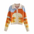 画像1: Women's Contrast Color Lapel Long Sleeve Cardigan Sweater Jacket　ポロスタイルグラフィック編み込み カーディガンセータージャケットニット (1)