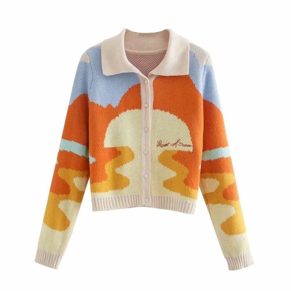 画像1: Women's Contrast Color Lapel Long Sleeve Cardigan Sweater Jacket　ポロスタイルグラフィック編み込み カーディガンセータージャケットニット (1)