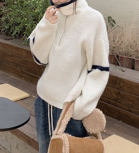 画像2: Women's Half-zip up two-line pullover sweater jacket Knit　ハーフジップアップ2本ライン入り カーディガンセータージャケットニット (2)