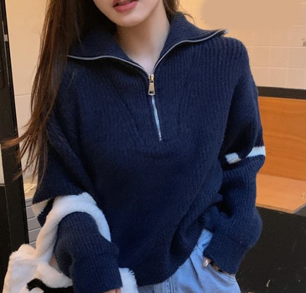 画像7: Women's Half-zip up two-line pullover sweater jacket Knit　ハーフジップアップ2本ライン入り カーディガンセータージャケットニット (7)