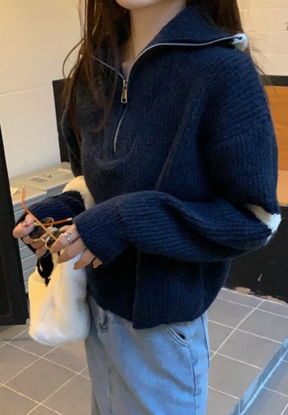 画像9: Women's Half-zip up two-line pullover sweater jacket Knit　ハーフジップアップ2本ライン入り カーディガンセータージャケットニット (9)