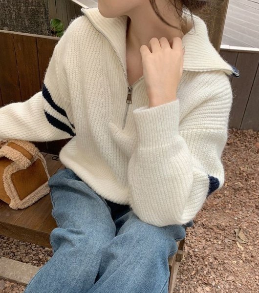 画像6: Women's Half-zip up two-line pullover sweater jacket Knit　ハーフジップアップ2本ライン入り カーディガンセータージャケットニット (6)