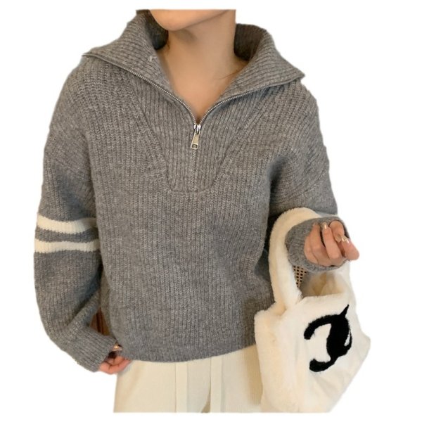 画像4: Women's Half-zip up two-line pullover sweater jacket Knit　ハーフジップアップ2本ライン入り カーディガンセータージャケットニット (4)