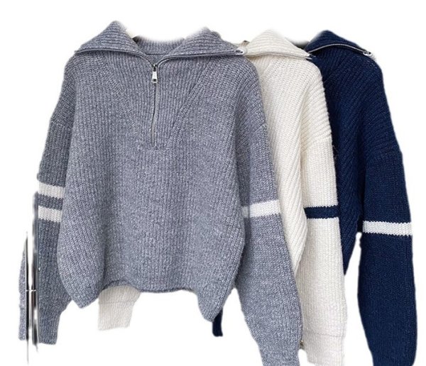 画像11: Women's Half-zip up two-line pullover sweater jacket Knit　ハーフジップアップ2本ライン入り カーディガンセータージャケットニット (11)