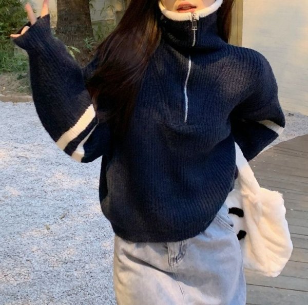 画像3: Women's Half-zip up two-line pullover sweater jacket Knit　ハーフジップアップ2本ライン入り カーディガンセータージャケットニット (3)