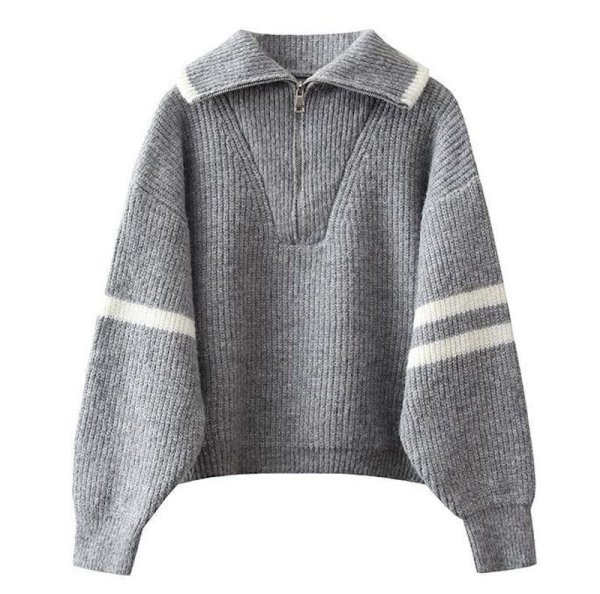 画像1: Women's Half-zip up two-line pullover sweater jacket Knit　ハーフジップアップ2本ライン入り カーディガンセータージャケットニット (1)