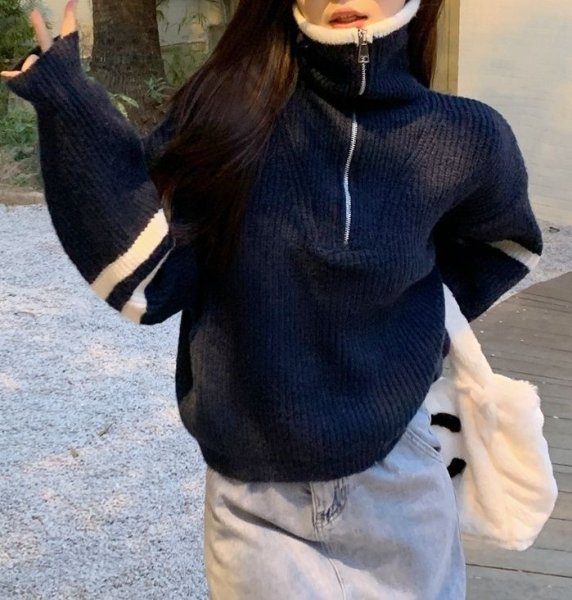 画像8: Women's Half-zip up two-line pullover sweater jacket Knit　ハーフジップアップ2本ライン入り カーディガンセータージャケットニット (8)