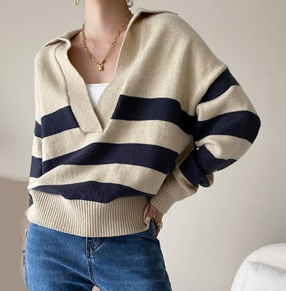 画像3: Women's Rugby knit striped loose pullover sweater knit jacket　ラガーボーダーストライプボーダーセーターニットジャケット (3)