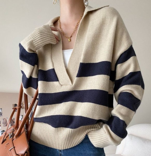 画像4: Women's Rugby knit striped loose pullover sweater knit jacket　ラガーボーダーストライプボーダーセーターニットジャケット (4)