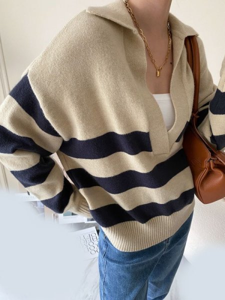 画像5: Women's Rugby knit striped loose pullover sweater knit jacket　ラガーボーダーストライプボーダーセーターニットジャケット (5)