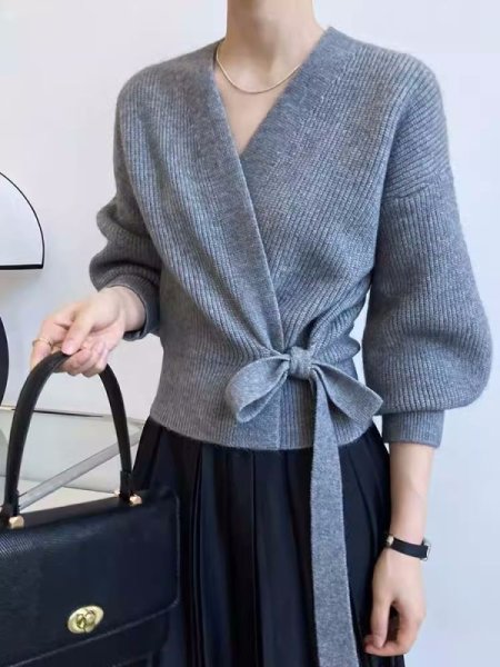 画像7: Women's Lace-up V-neck sweater cardigan knit jacket　レースアップラップV ネックセーターカーディガンニットジャケット (7)