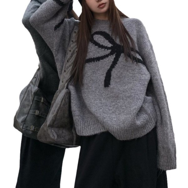 画像3: Women's Big ribbon knitted round neck sweater Knit　ビッグリボン編み込みラウンドネックセーターニット (3)