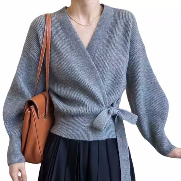 画像1: Women's Lace-up V-neck sweater cardigan knit jacket　レースアップラップV ネックセーターカーディガンニットジャケット (1)