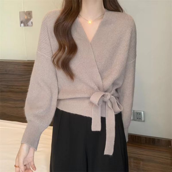 画像5: Women's Lace-up V-neck sweater cardigan knit jacket　レースアップラップV ネックセーターカーディガンニットジャケット (5)